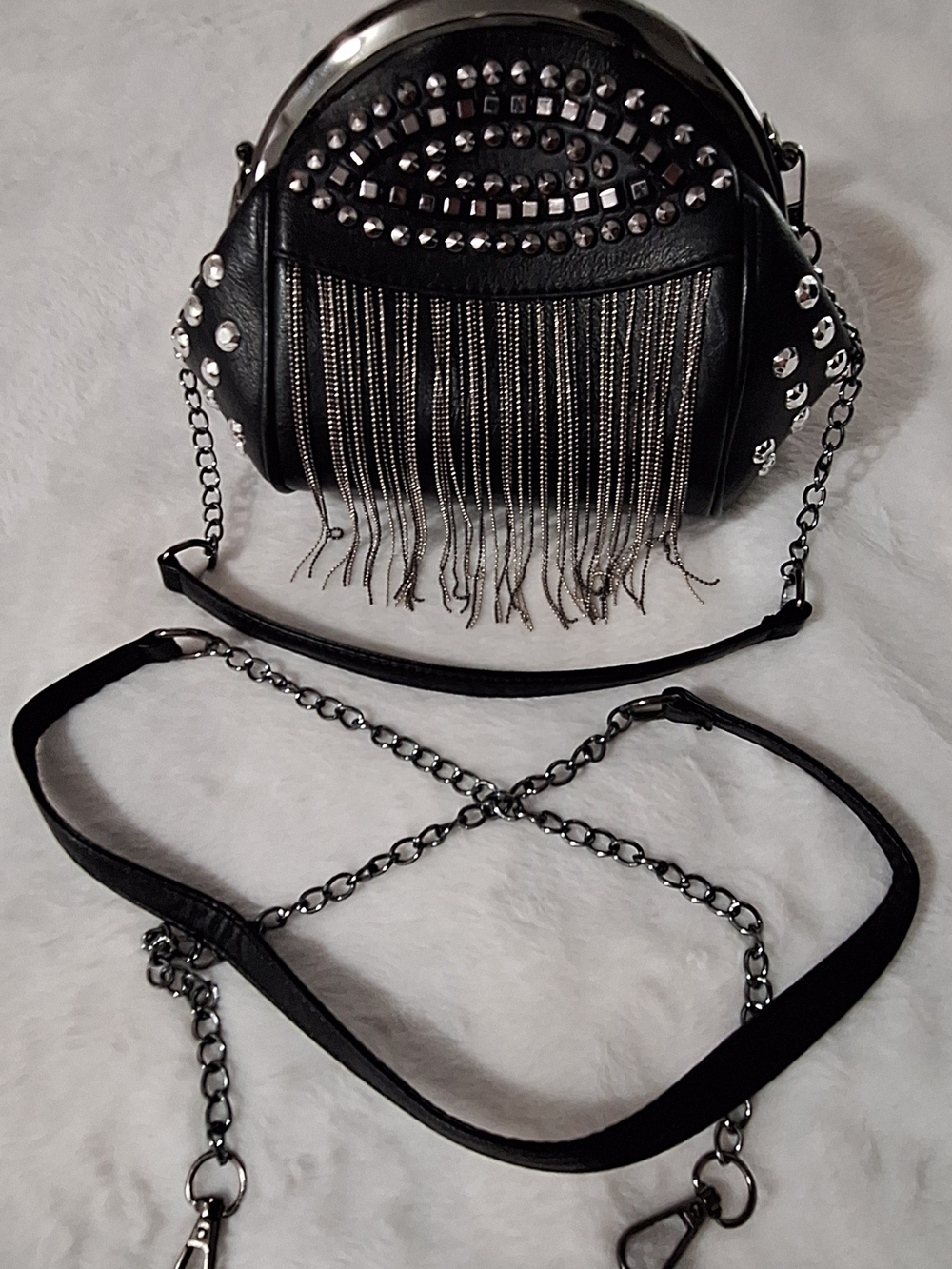 Black Studded Fringe Crossbody Bag with Chain Detail
